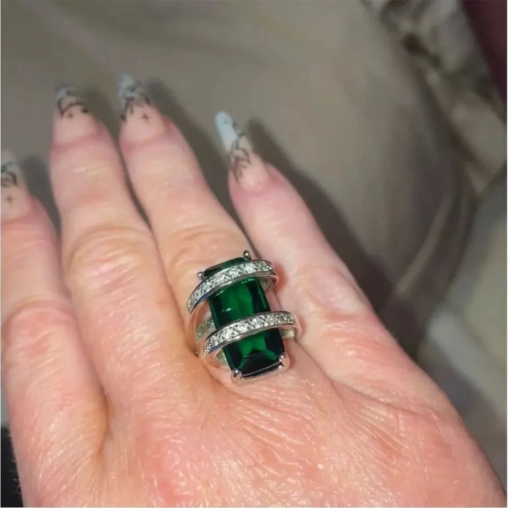 6.5ct Rectangular Emerald Contemporary Silver Rin… - image 6